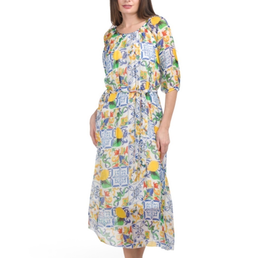 NWT BELLAMBRA Made In Italy Silk Blend Sicilian Lemon Maxi Dress Size US XL